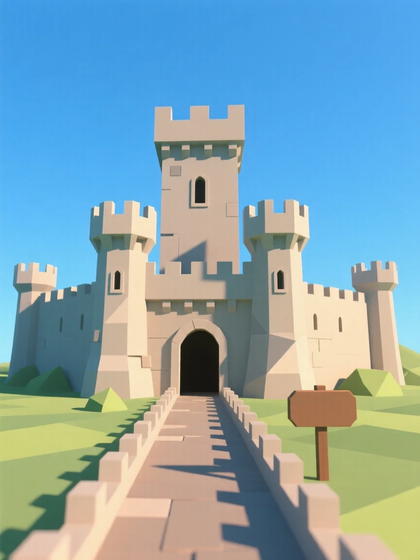 A castle silhouetted against a dramatic sunset, beneath a clear blue midday sky. the framing draws the eye along a natural leading line. There is a warm sense of nostalgia.