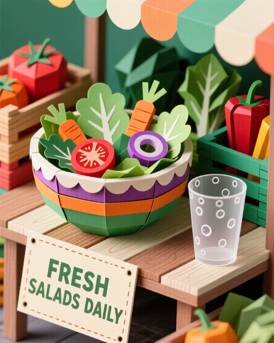 A vibrant bowl of fresh salad arranged on a colorful farmers market stand, with condensation beading on a nearby glass, capturing the artistry of fine cuisine.