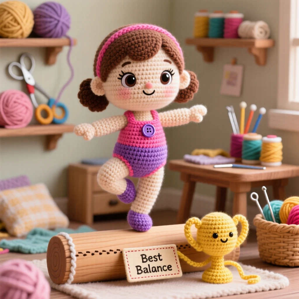 A cheerful scene of a little girl practicing gymnastics with a bright leotard and focused eyes, balancing carefully on a low beam within a cozy craft room filled with supplies; a small trophy or ribbon nearby nearby, full of focused determination and quiet pride.