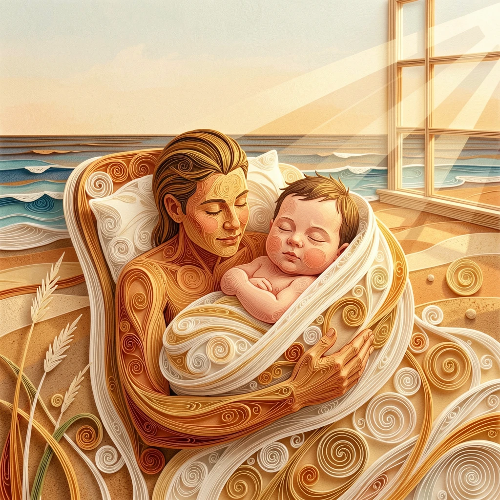 a newborn baby sleeping peacefully in a parent's arms, on a quiet beach at golden hour, framed with soft natural light streaming through a window, in soft, cozy tones of amber and cream.