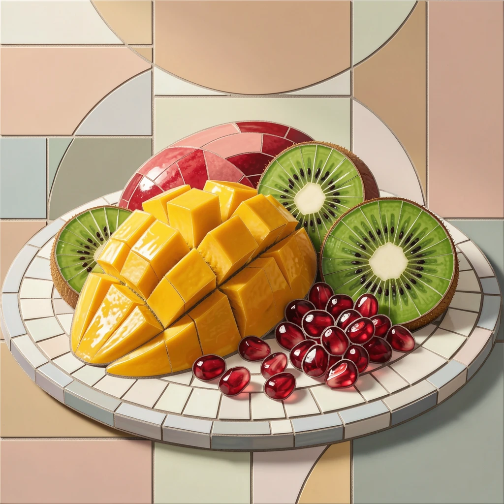 A close-up gourmet food photograph of a vibrant fruit platter with mango, kiwi, and pomegranate arranged artfully, with rich color and inviting texture.