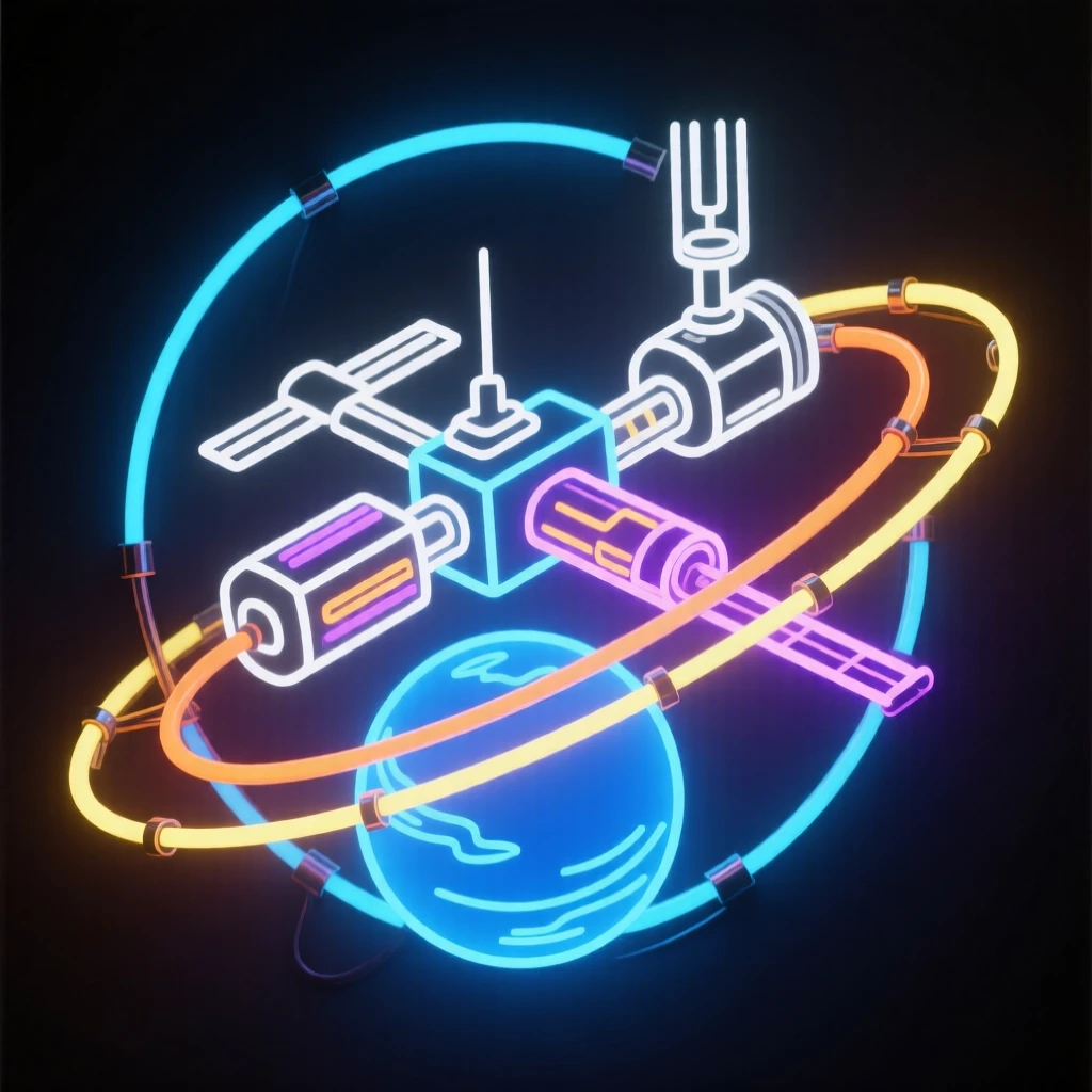 A space station orbiting a distant blue planet.