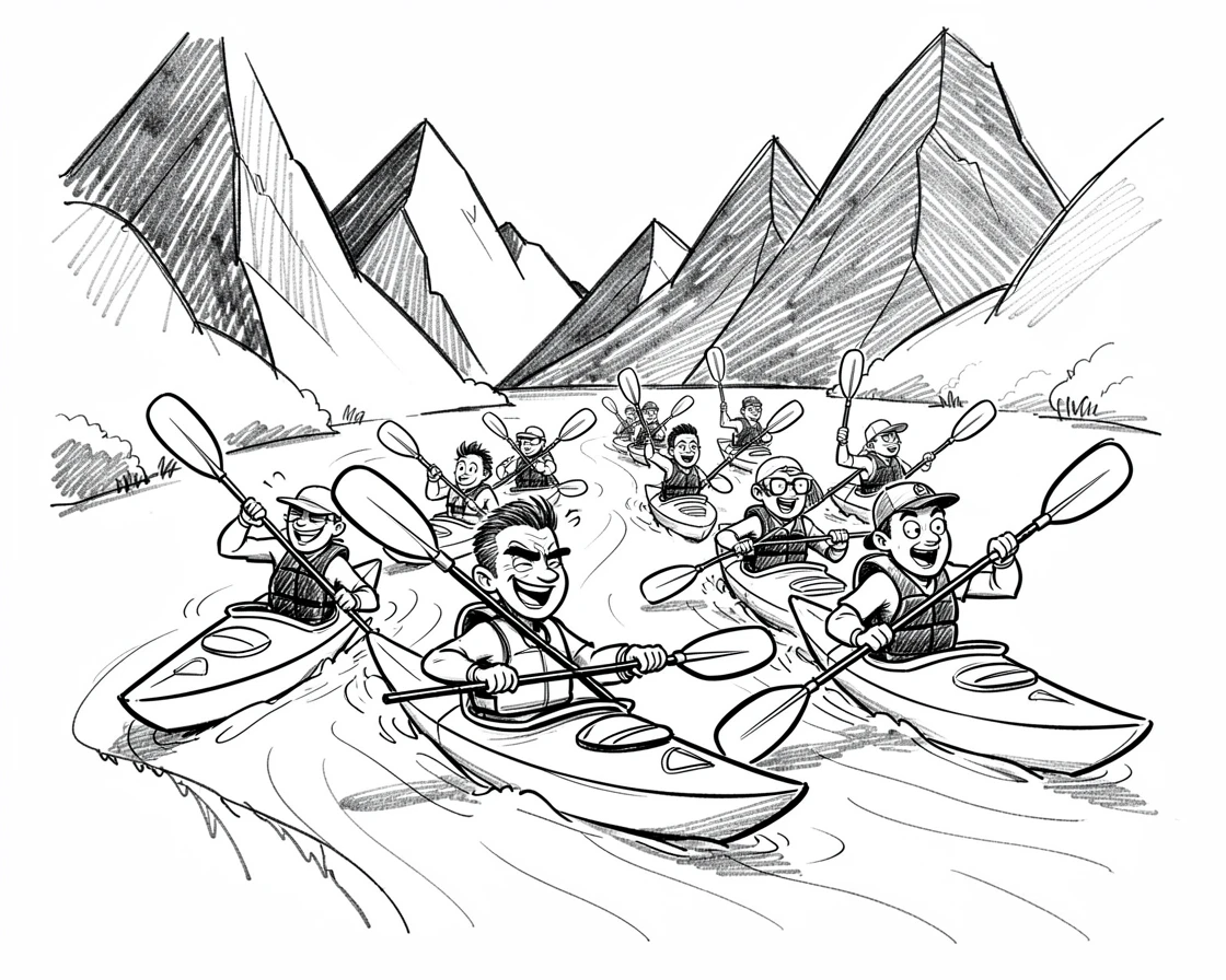 A group of kayakers paddling down a river against a backdrop of towering mountains.