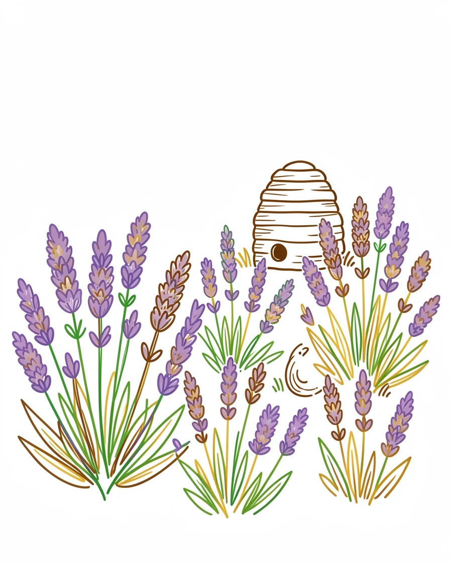 A field of blooming lavender with a single rustic beehive in the corner.