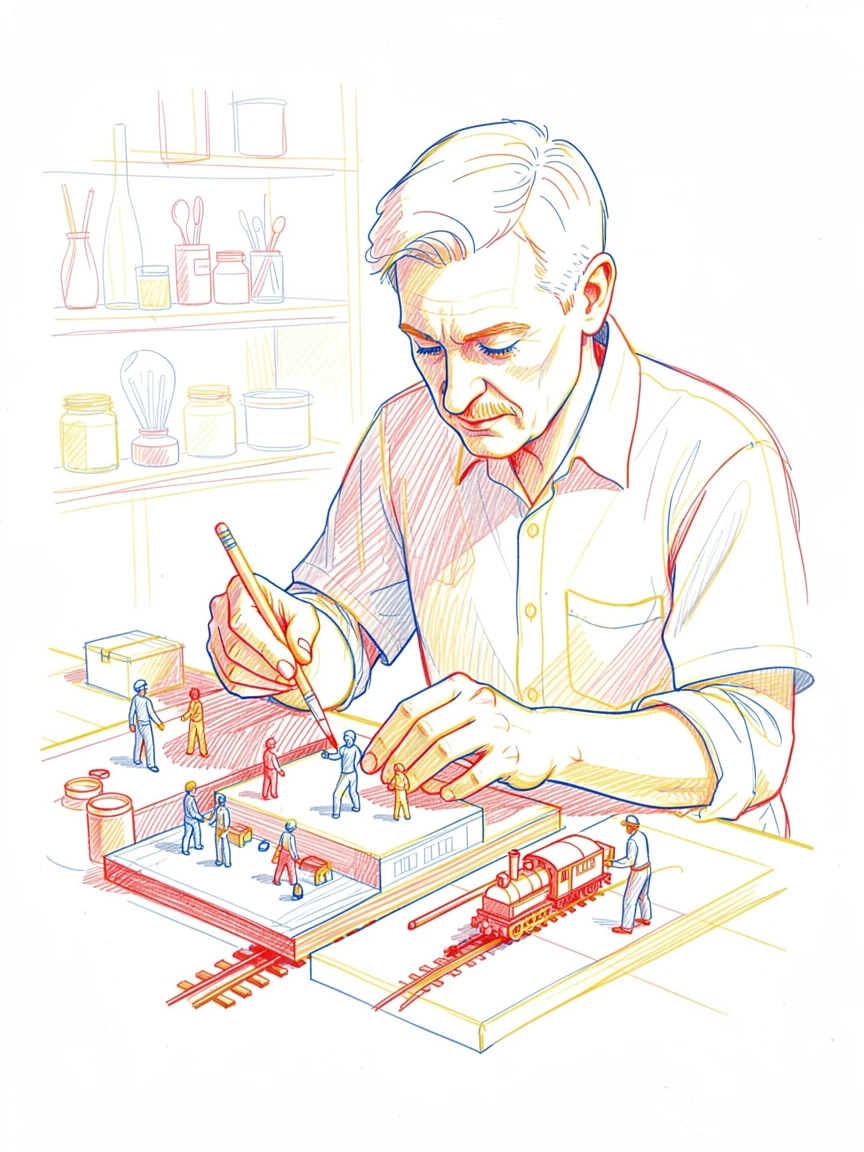 A model train hobbyist painting tiny figures for a diorama scene