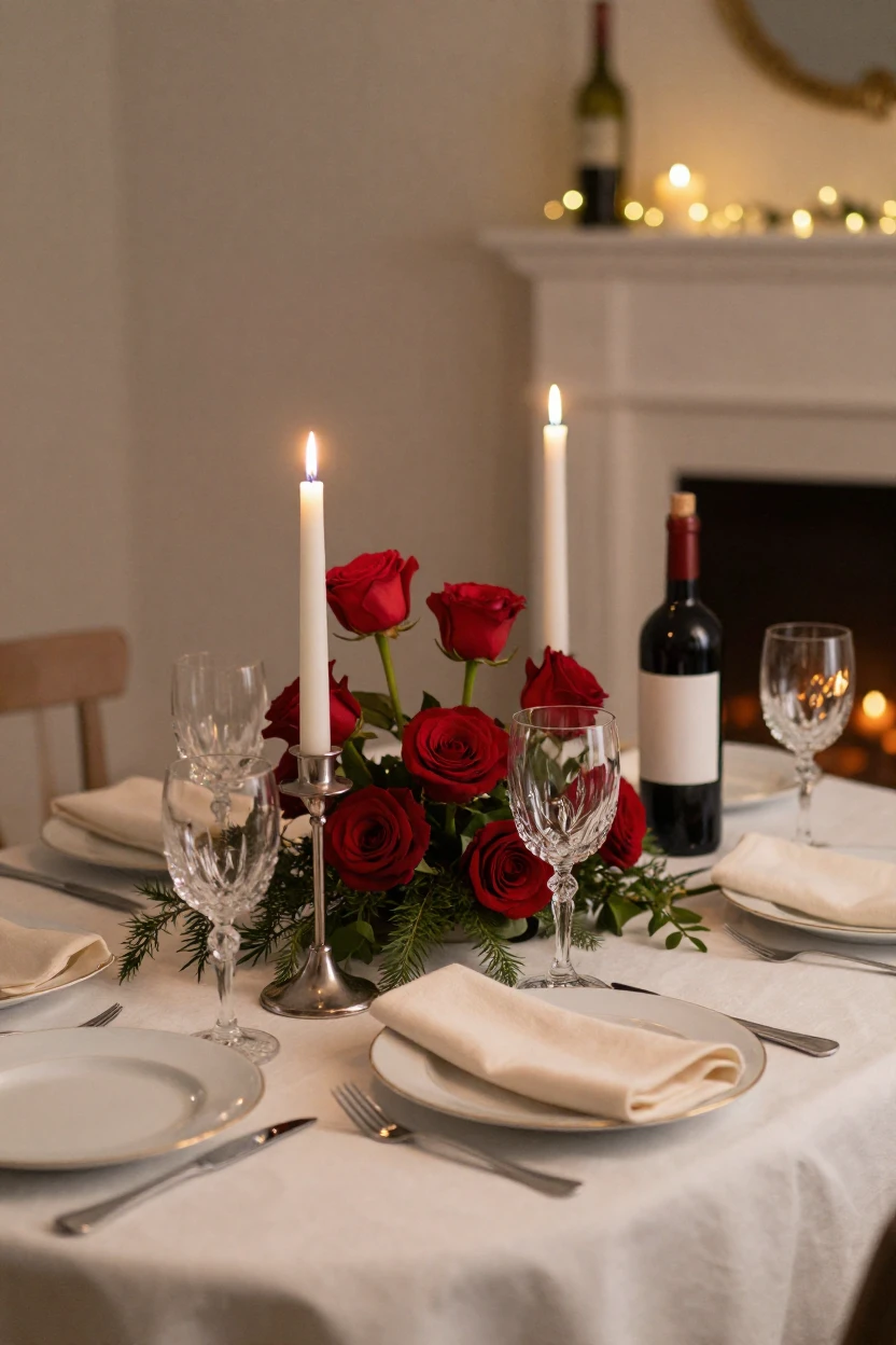 A candlelit dinner table set for a romantic anniversary