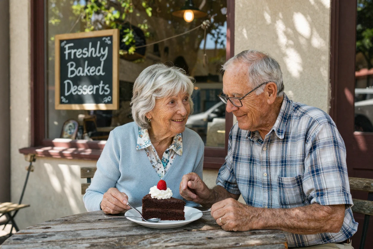 An elderly couple shares a single dessert with two spoons at a corner cafe.