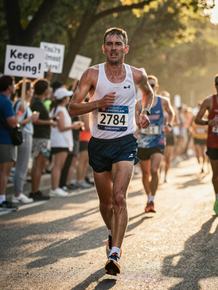 A marathon runner pushing through exhaustion in the final stretch of a race