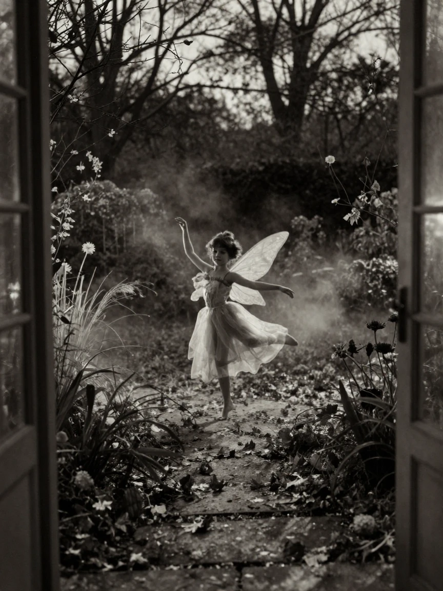 A girl dressed as a fairy dancing through a garden, in low lamplight, as mist rises off the ground, in late autumn, with stark black-and-white contrast softened by a single warm hue, viewed from across the room.