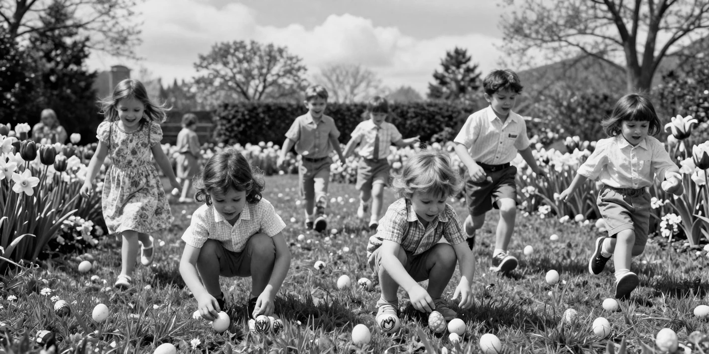An Easter egg hunt sends children scrambling across the lawn across a flower-lined garden.