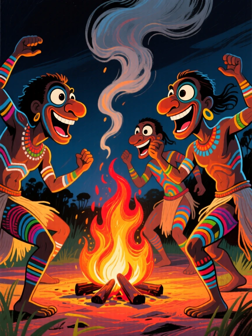 Traditional Aboriginal dancers performing around a fire with painted body art.