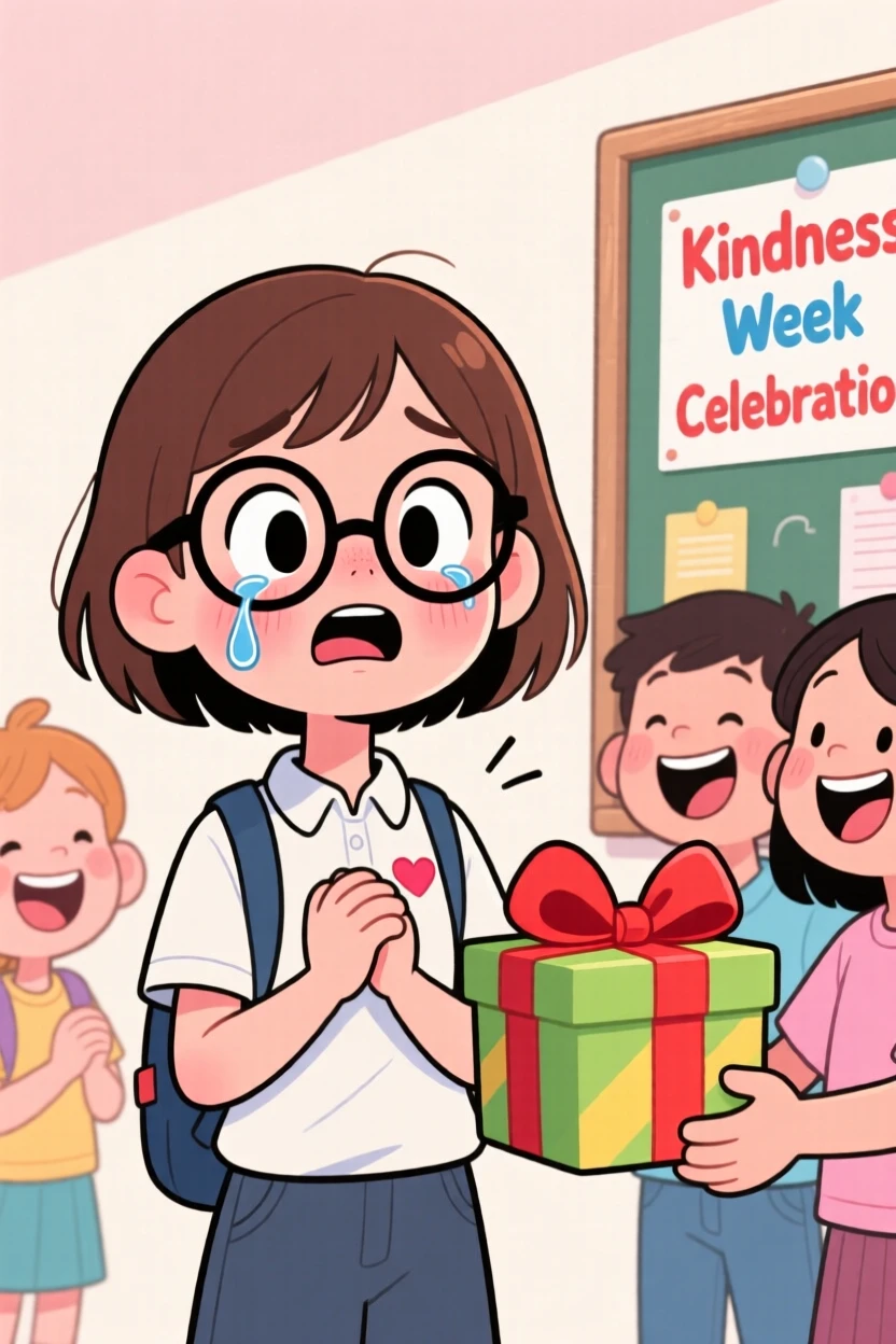 A heartwarming moment depicting a shy student receiving a surprise that brings happy tears, with hands clasped tightly together.