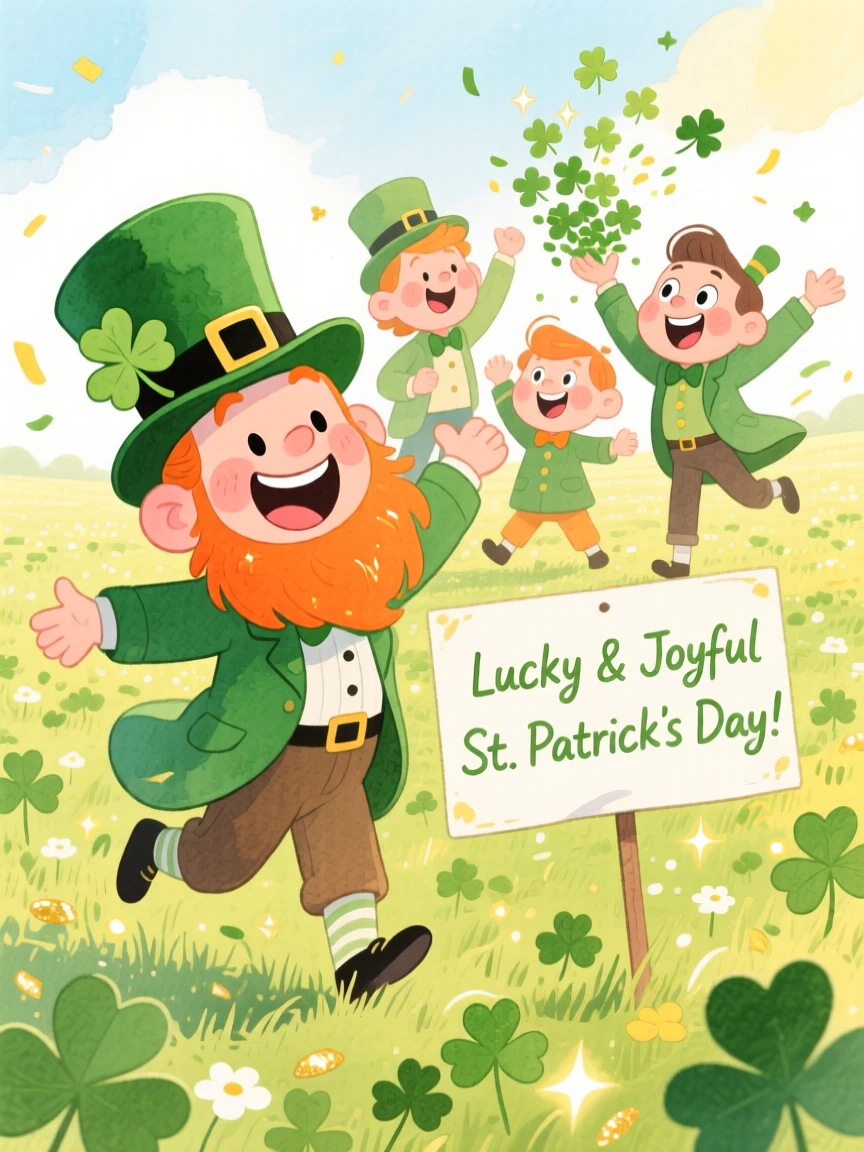 A joyful celebration scene of a St. Patrick's Day celebration with clover-covered fields, sparkling with celebratory energy