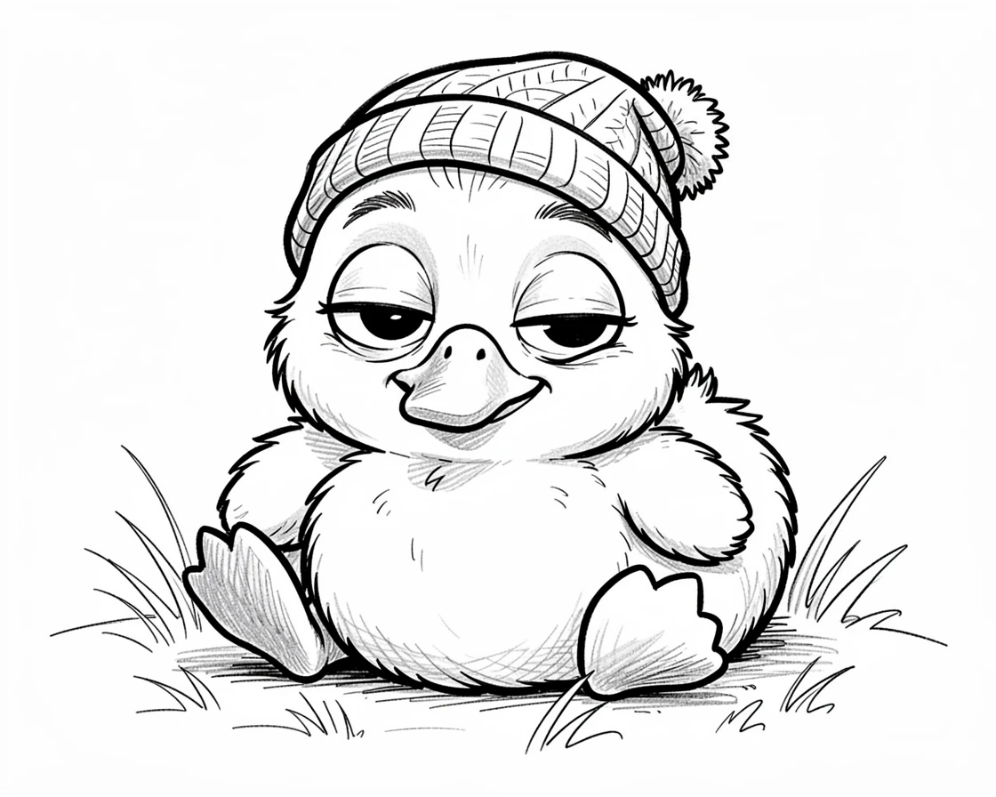 [Cute Animals & Pets] Adorable scene of a sleepy duckling wearing a tiny knitted hat, bursting with charm and playful energy
