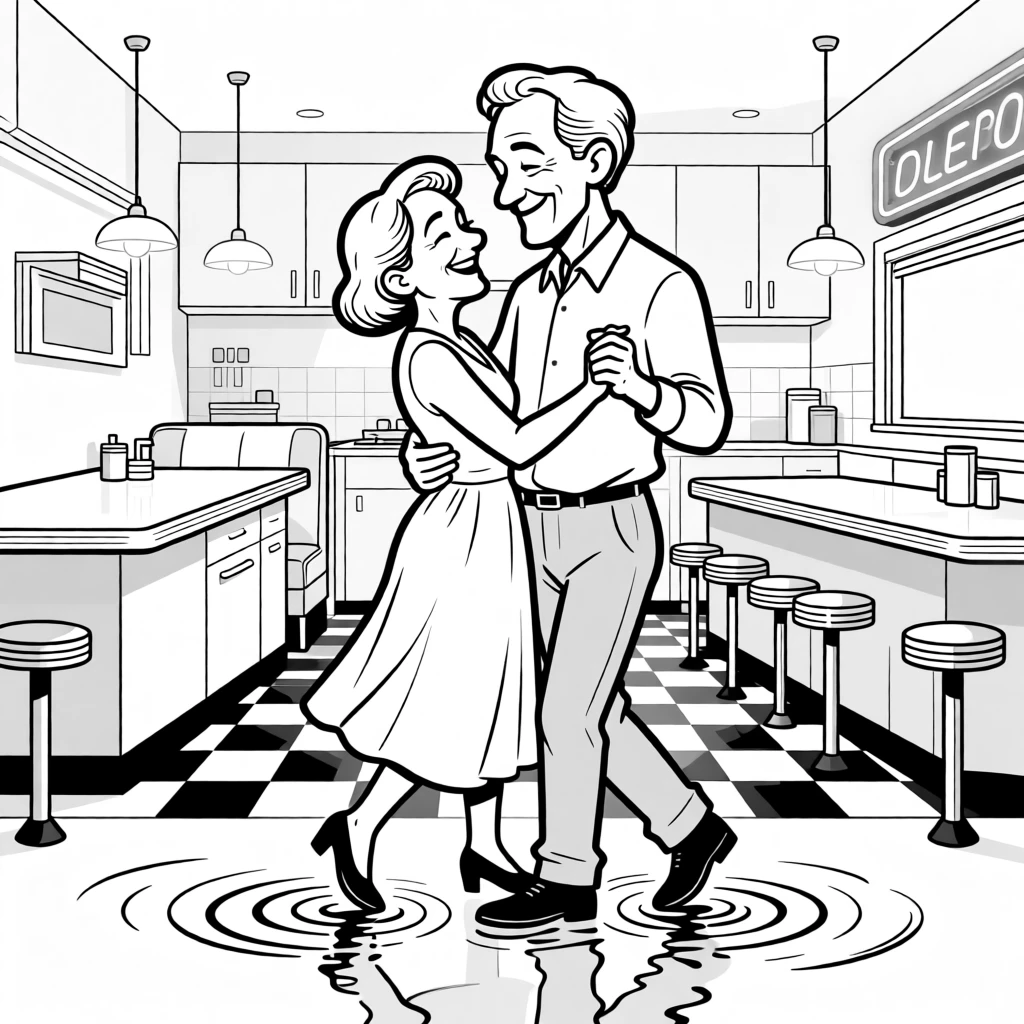 An elderly couple slow dancing in their kitchen, bobbing heads slightly out of sync with the music, set at a retro diner booth. Puddle ripples spread outward with every step. It radiates warmth, laughter, and quiet devotion.