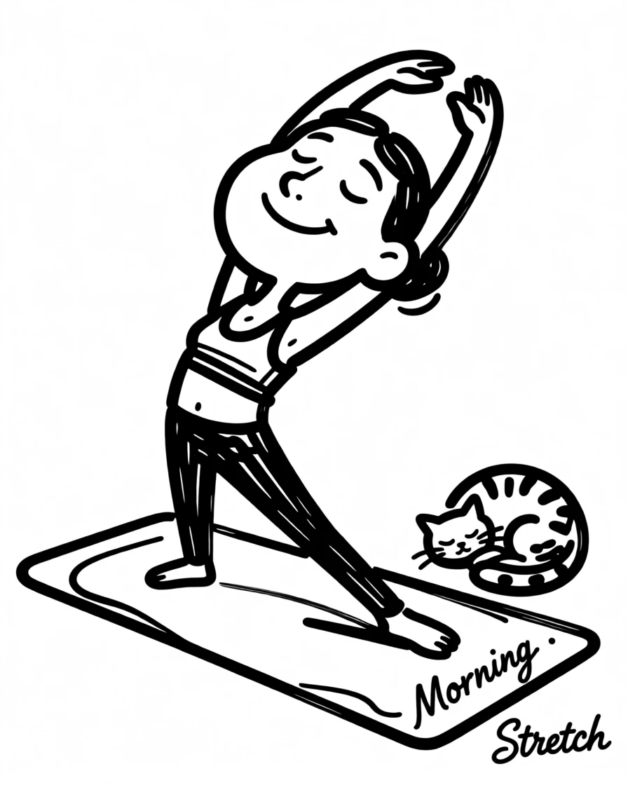 A person stretching contentedly on a yoga mat with a cat curled up beside them.