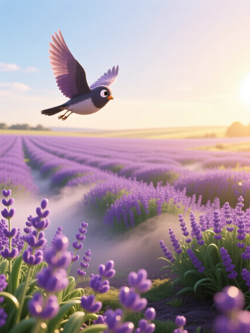 A lavender field stretching to the horizon glows while a soft mist rolls gently across the ground, with a lone bird gliding silently overhead. A gentle reverence for nature's beauty lingers here.
