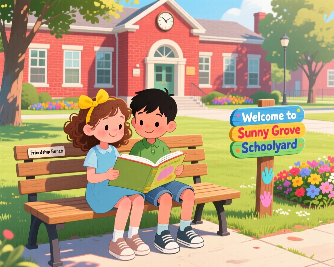 Two best friends are seen reading together on a park bench in a sunny schoolyard, with quiet gratitude in their eyes.