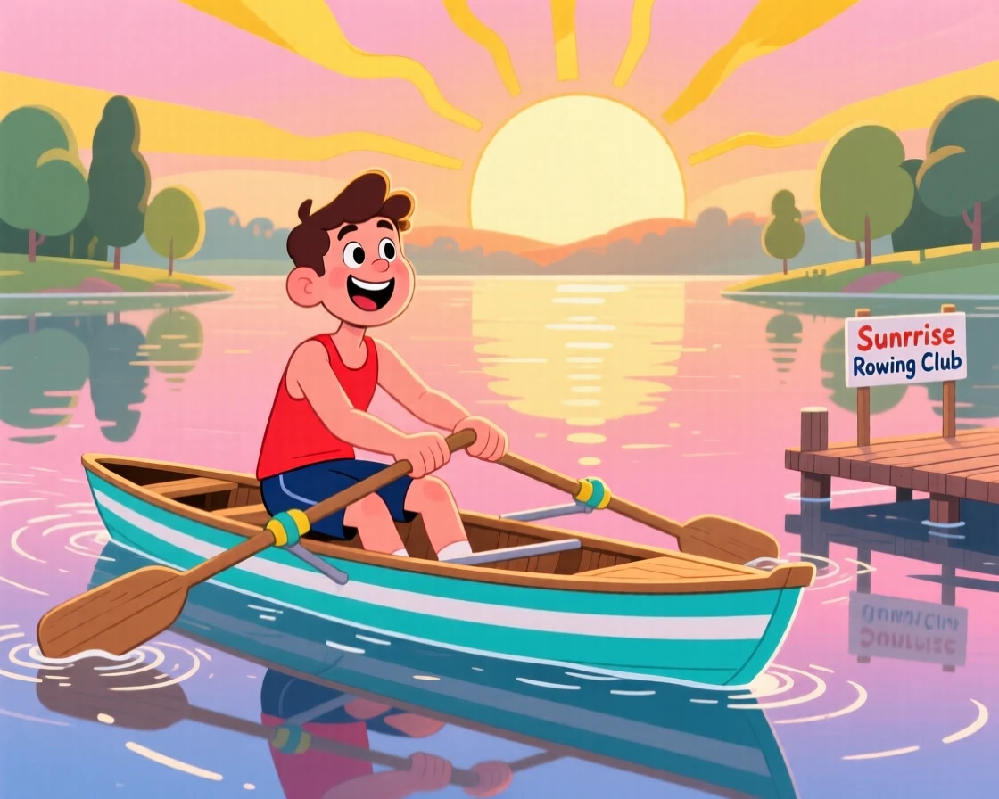A rower gliding across a calm lake at sunrise.