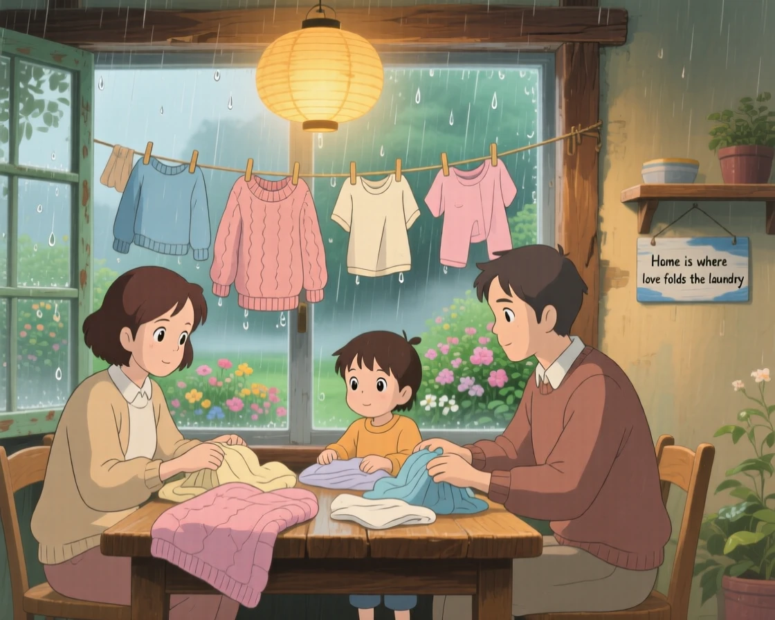 A family folding warm laundry fresh from the line, soft rain pattering against the glass outside, the whole scene feeling warm and comforting.