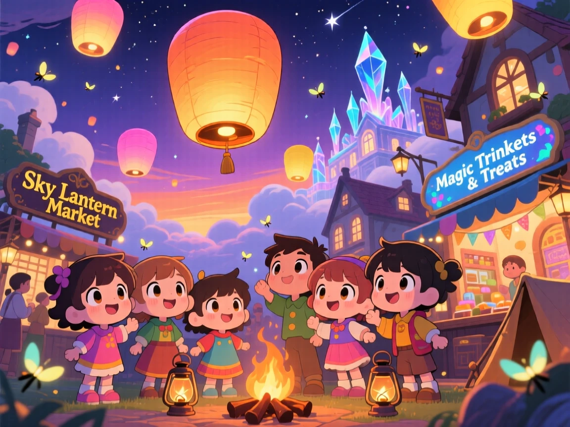 Low-angle shot looking up: townsfolk children, gathering at a floating lantern market, set against a magical sky-city marketplace as fireflies begin to glow at dusk, with cozy firelight and a mood of delighted joy.