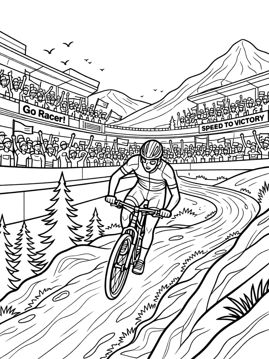 A cyclist racing downhill on a mountain trail, with a stadium crowd cheering in the background.