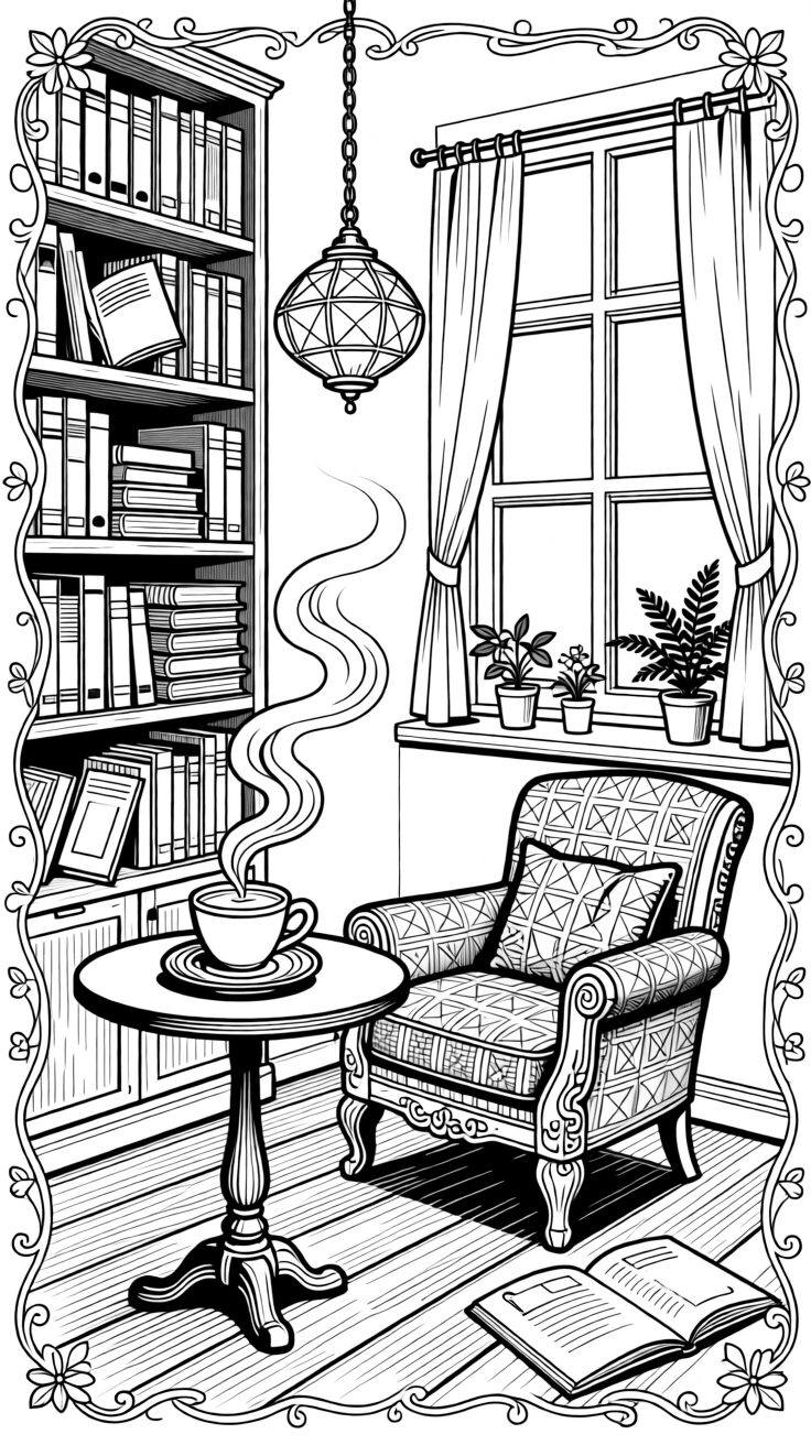 A cozy bookshop café corner with stacked novels and a steaming latte.