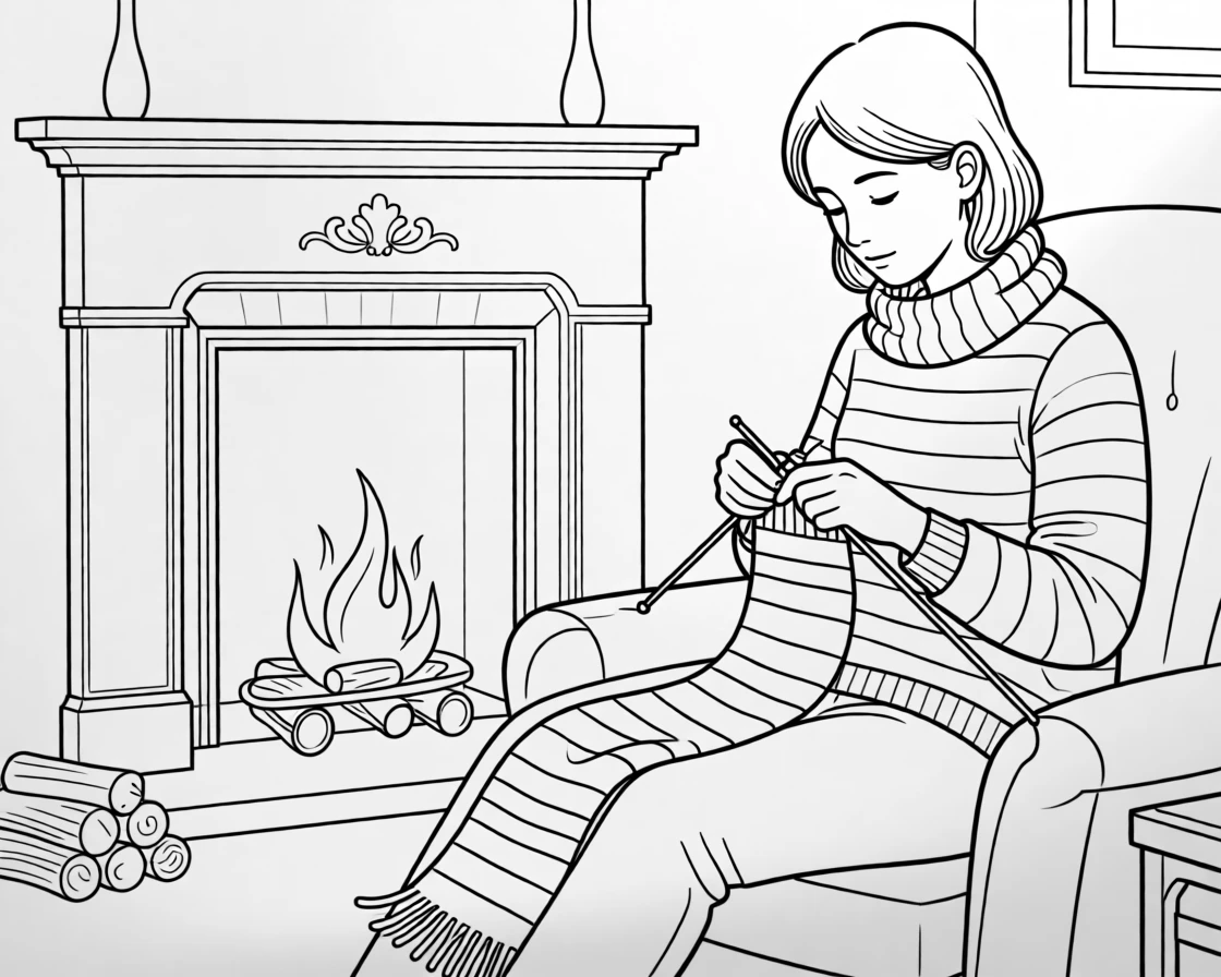 A knitter working on a striped scarf by a fireplace