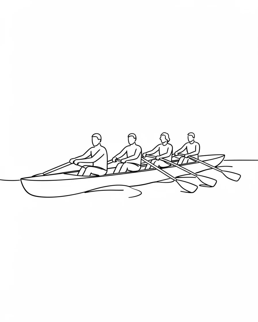 A rowing team paddling in unison across a calm lake at dawn