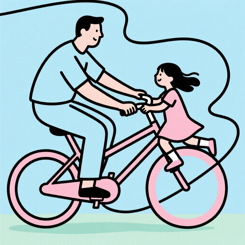 A father teaching his daughter to ride a bike