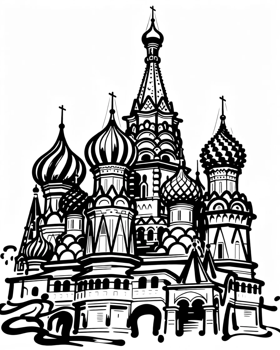 St. Basil's Cathedral with its colorful onion domes against a snowy Moscow sky.