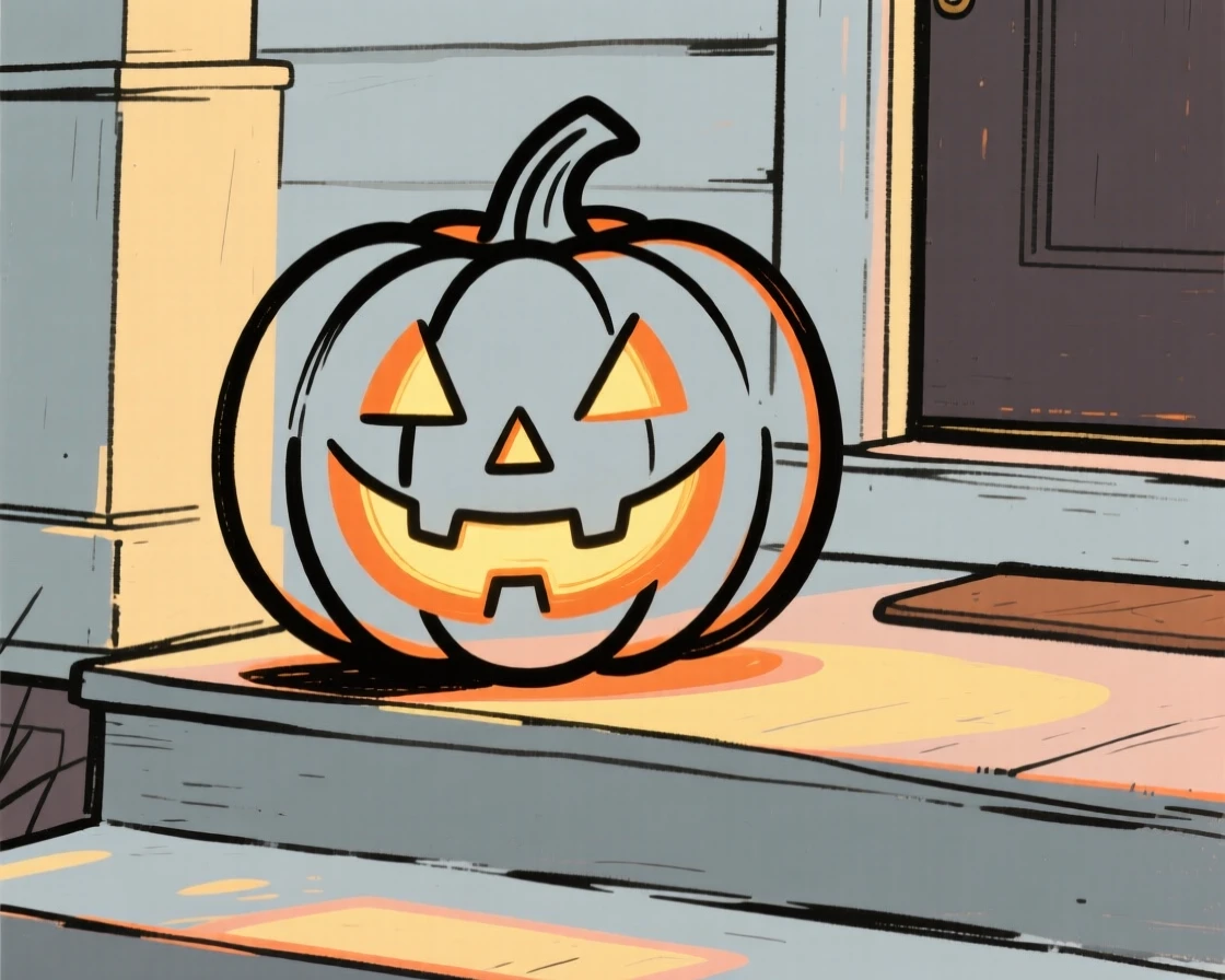 A carved jack-o'-lantern glowing on a porch step at Halloween.
