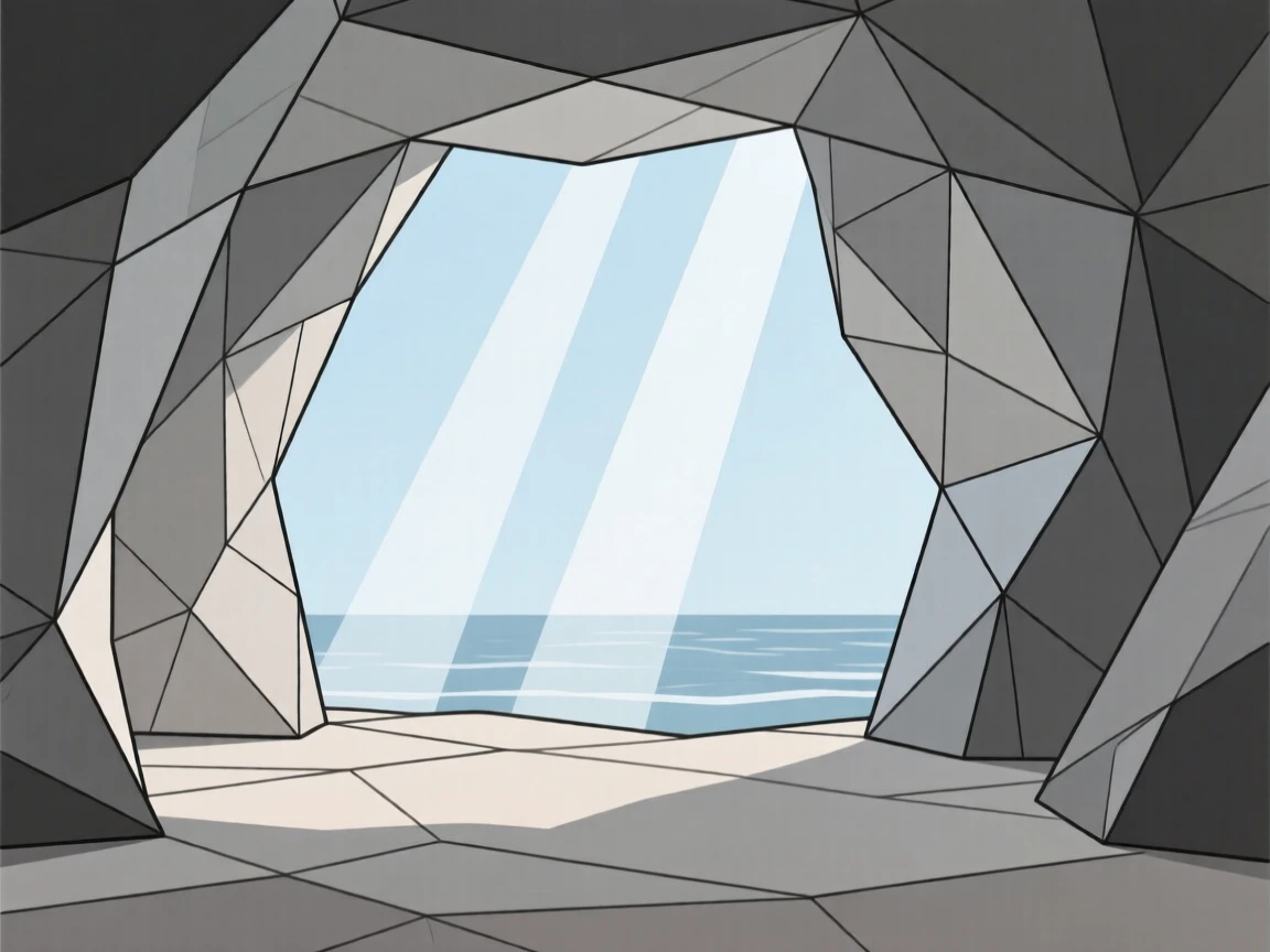 A sea cave illuminated by shafts of light