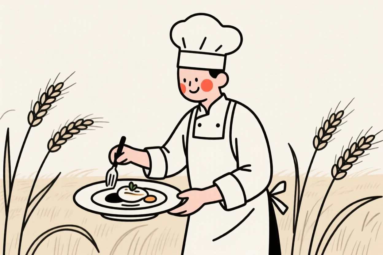 A chef plating a dish, smiling shyly, in a wheat field at harvest.