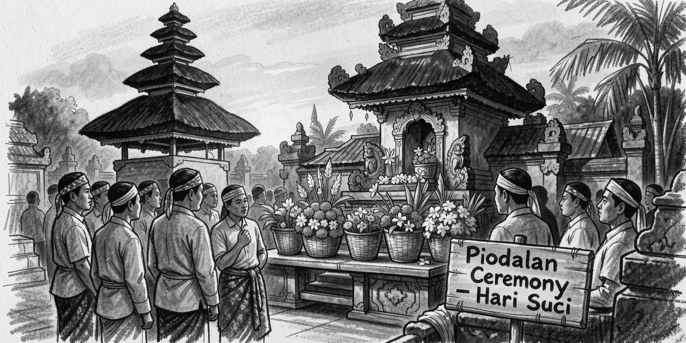 A traditional Balinese temple ceremony with offerings of flowers, as the last light of day fades to dusk.