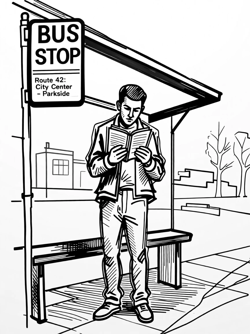 A commuter waiting at a bus stop while reading a paperback book.