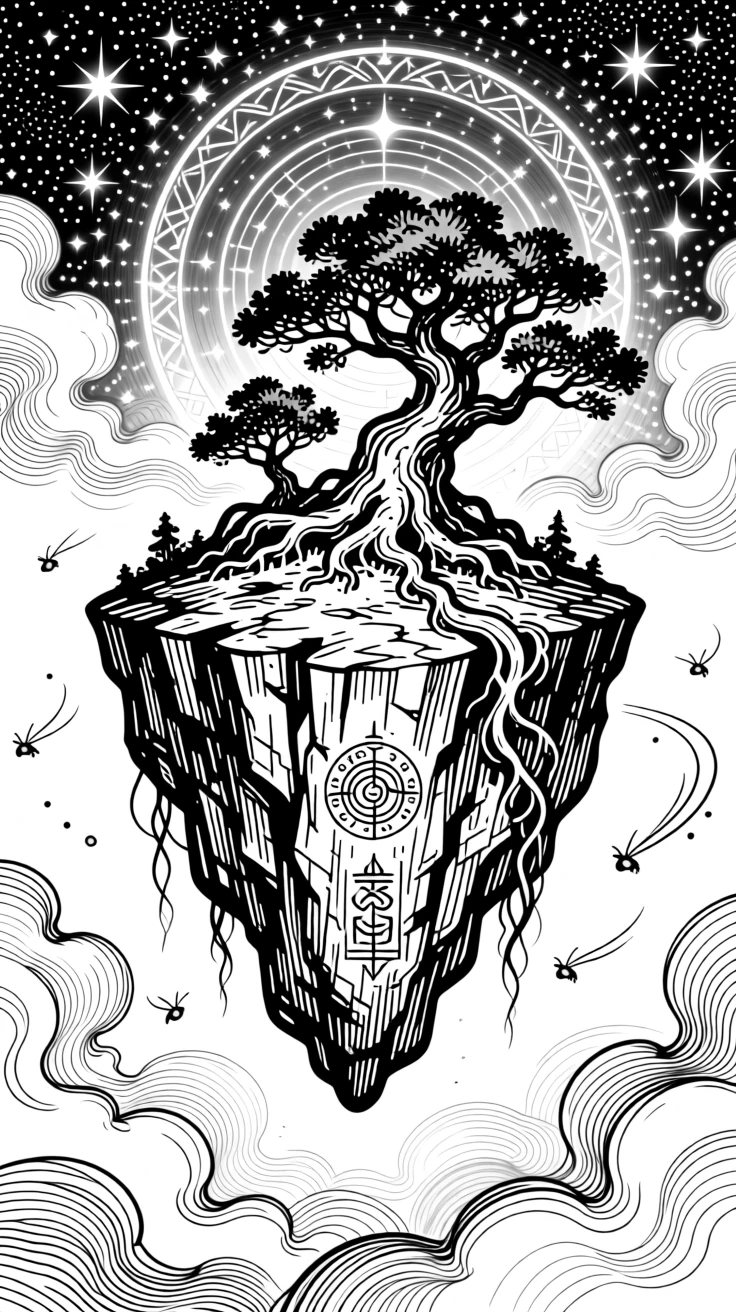A floating island held aloft by ancient magic surrounded by swirling mist and starlight, with fireflies swirling like tiny lanterns, forming a serene yet powerful fantasy scene.
