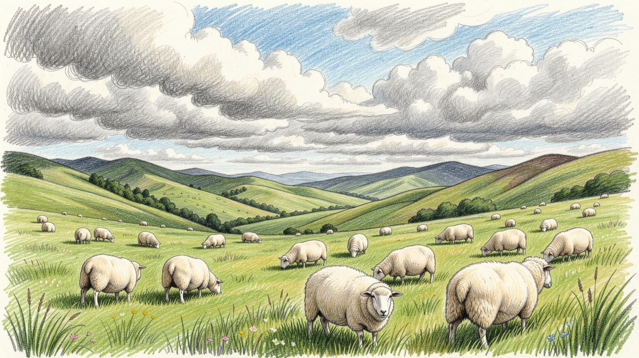 A New Zealand green valley with sheep grazing beneath dramatic clouds, with delicate details that reward a closer look, full of charm, emotion, and visual delight.