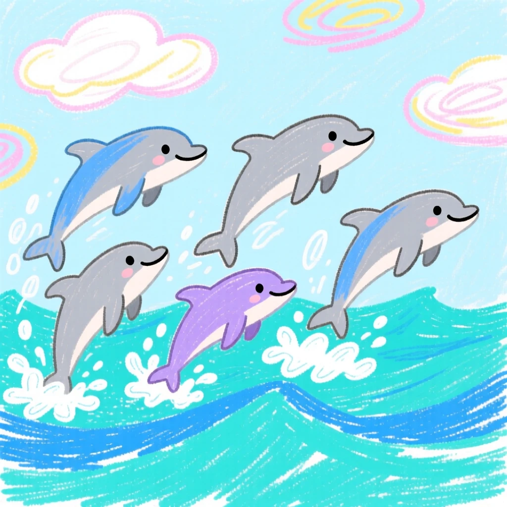 A pod of dolphins leaping through turquoise ocean waves.
