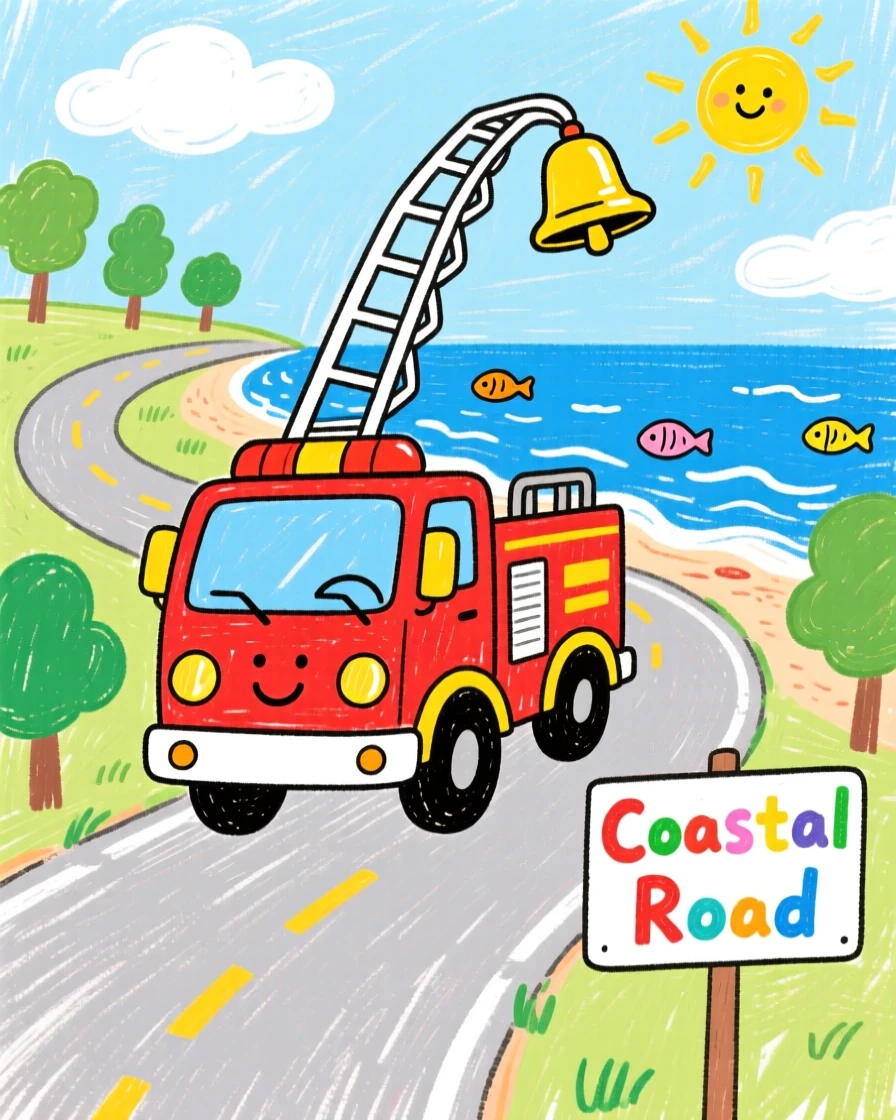A shiny fire engine ladder truck traveling along a winding coastal road.