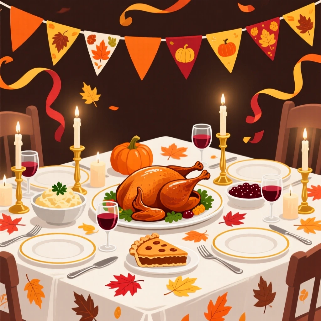 A festive Thanksgiving table setting with autumn leaves and candles, set against a backdrop of colorful bunting and streamers, composed with a lively sense of togetherness and joy, with a joyful sense of togetherness and celebration.