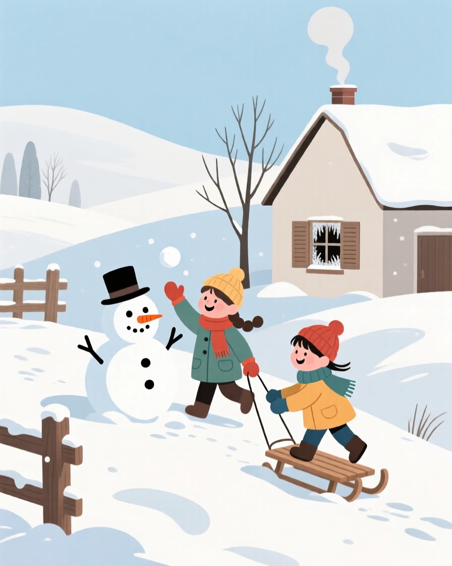 A winter scene of children playing in a small countryside town.