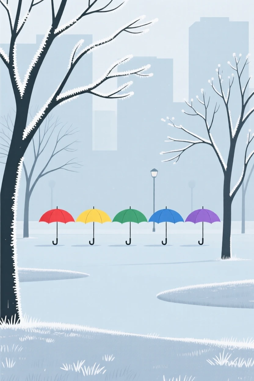 An early spring frost covering a city park as a row of colorful umbrellas appears in the distance, full of quiet transformation.