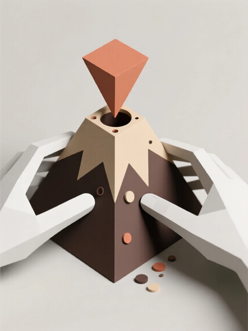 A pair of hands assembling a model volcano