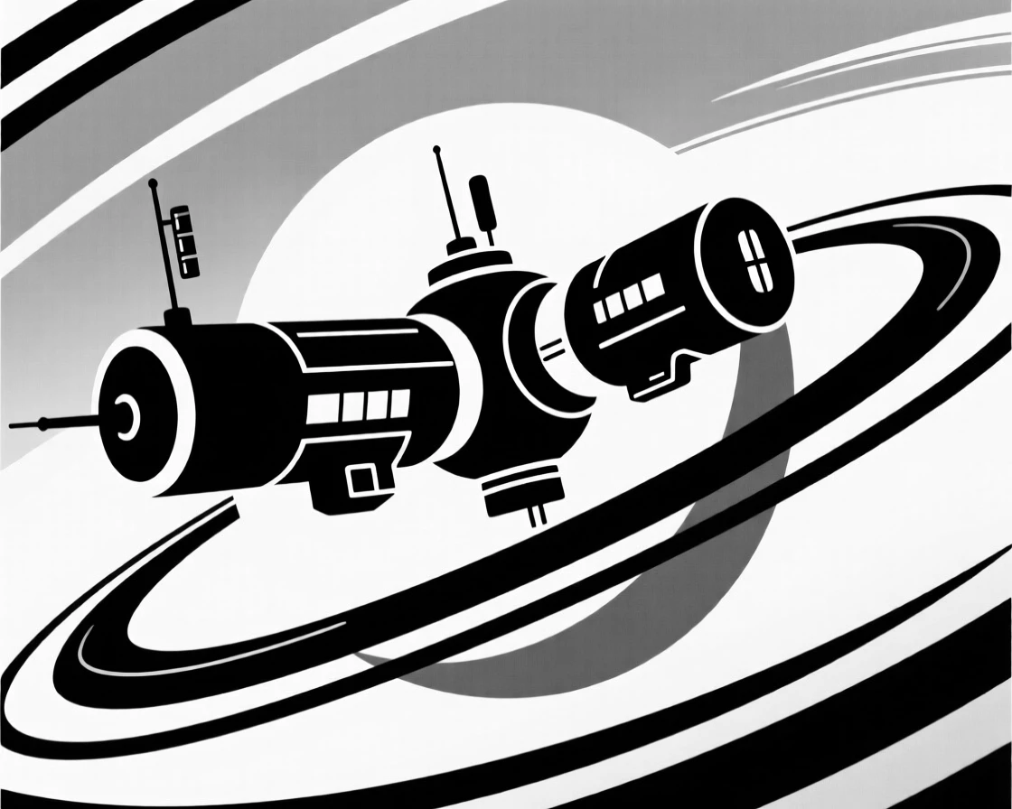 A space station orbiting a blue planet.