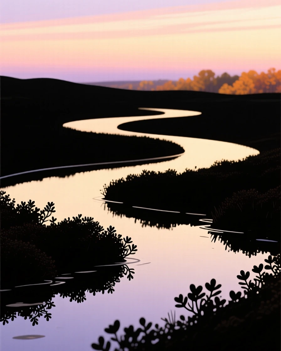 A quiet cranberry bog reflecting a pale autumn sky.