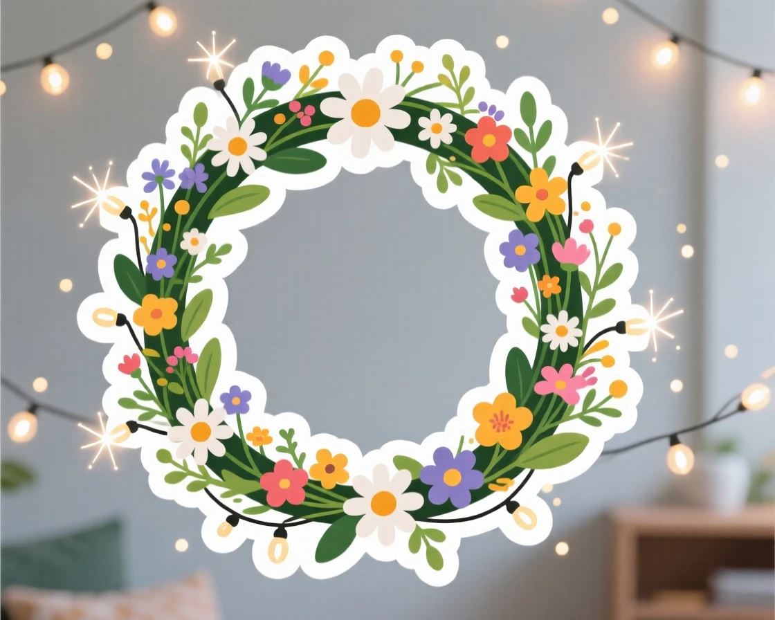 A spirited and joyful May Day flower crown woven with fresh blooms, surrounded by twinkling fairy lights, on a cozy holiday evening at home.