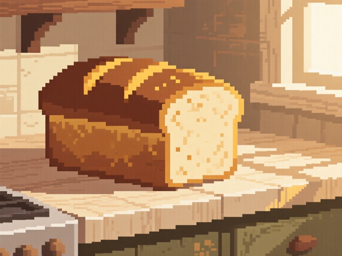 A loaf of crusty bread photographed with warm afternoon light streaming in, on a farmhouse countertop.