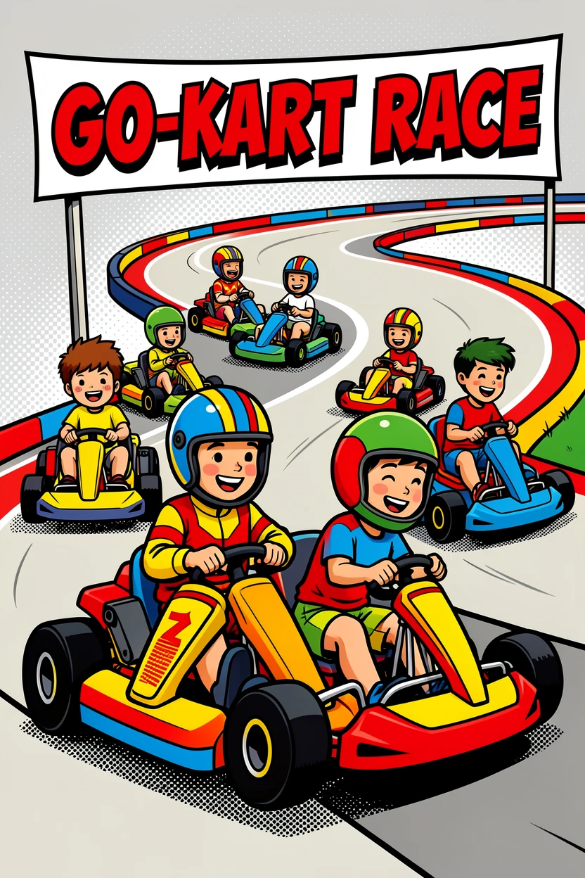Kids racing go-karts around a winding track