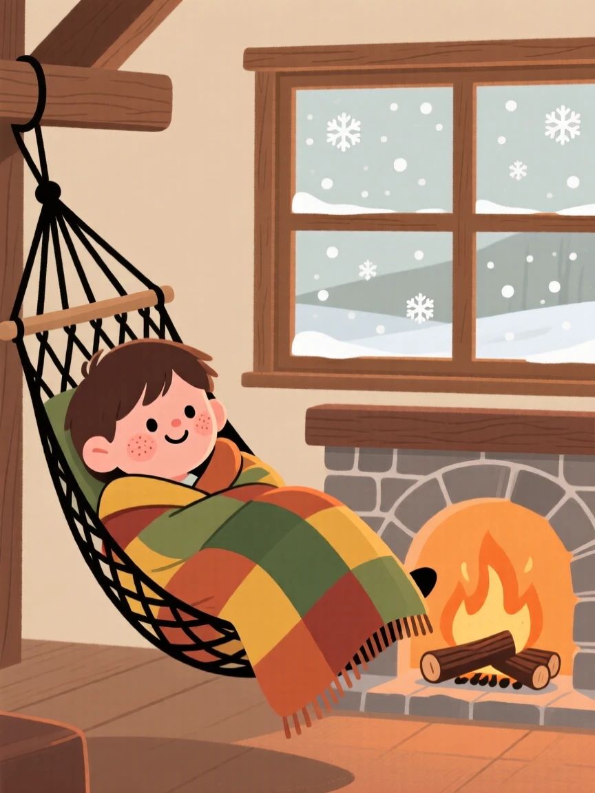 A teenager curls up in a hammock by the fire beside a crackling fireplace, wrapped in a patchwork blanket while watching snow fall outside.